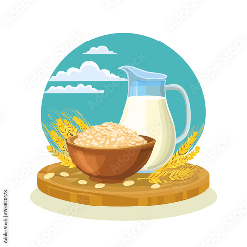 Oatmeal with Milk and Wheat Illustration