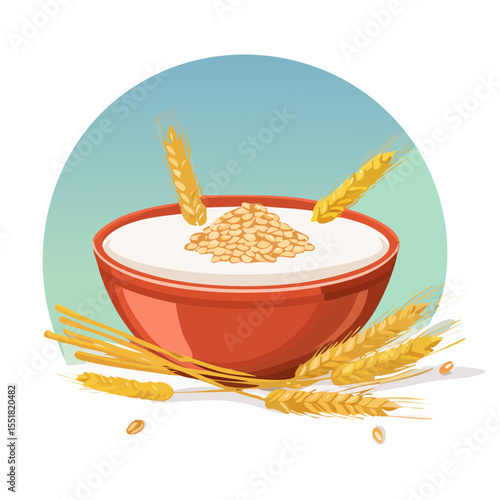 Bowl of Cereal with Wheat Illustration for Healthy Breakfast and Food Concepts