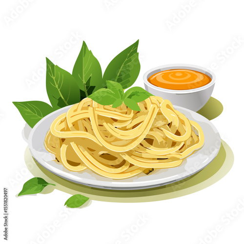 Delicious plate of spaghetti with tomato sauce and fresh basil leaves illustration.