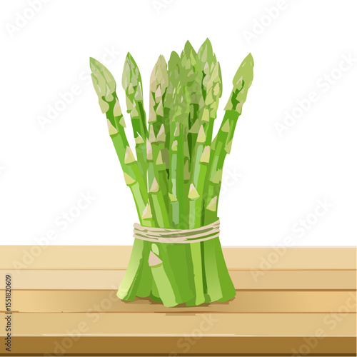 Fresh Asparagus Bunch on Wooden Table Still Life Illustration