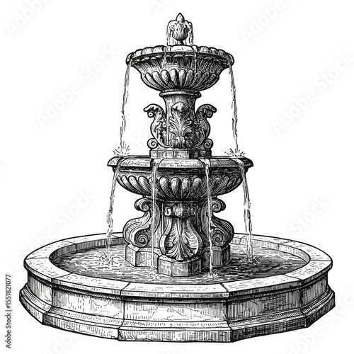 White Ornate Vintage Fountain Illustration In Garden Water Sculpture