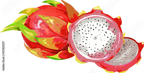 Cut-open dragon fruit displaying its unique inner texture with black grains and contrasting outer skin, perfect for culinary or botanical visuals
