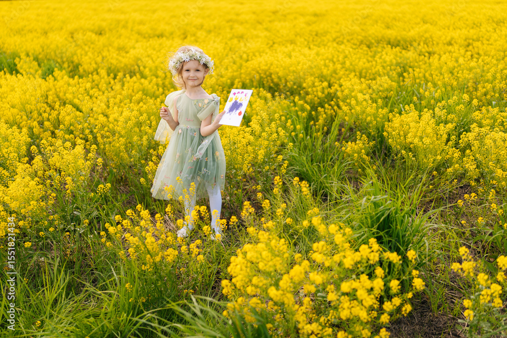 Fototapeta premium Wide shot of talented child girl in flower crown and beautiful dress showing painted picture while holding brush standing in green meadow full of yellow flowers on sunny summer day, looking camera.