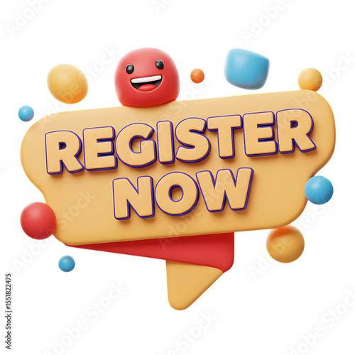 Register Now Playful 3D Render with Happy Emoji and Colorful Bubbles tag label cta button design png 3D illustration callout button