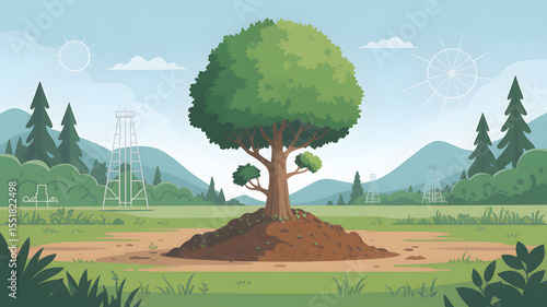 Green summer landscape with a lonely tree under a blue sky, surrounded by fields and distant hills