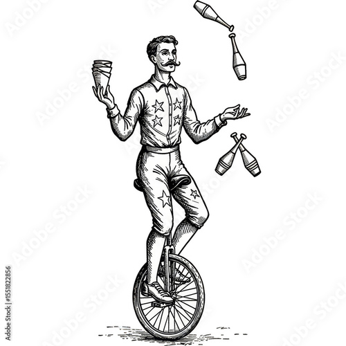 Vintage Juggler Illustration Balancing with Skill in White and Black
