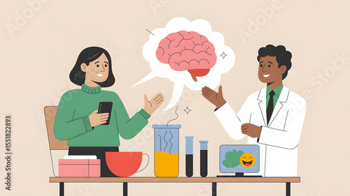 Woman doctor and child patient smiling in a hospital room with a nurse working at a desk, vector cartoon illustration