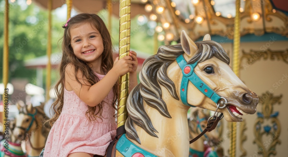 Fototapeta premium Happy little girl enjoys fun summer carousel horse ride