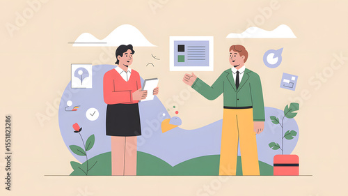 Cartoon vector illustration of doctors, nurses, and business people working at a desk in an office