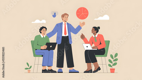 Vector illustration of diverse business people and a happy family, depicting teamwork and success