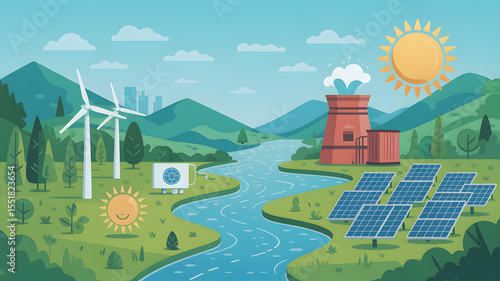 Rural mountain landscape with cartoon village houses and sunny summer fields