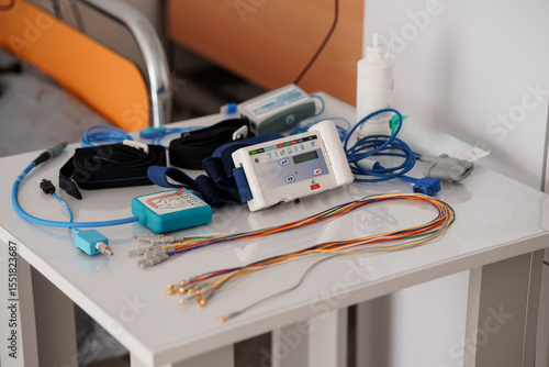 Polysomnography Setup: Medical Diagnostic Equipment for Sleep Study Monitoring with Cables, Sensors, and Device on White Table