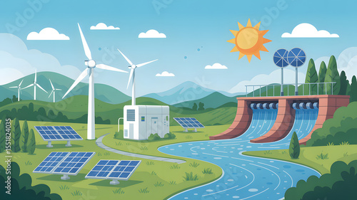 Wind turbine and solar panels dot a green summer landscape under a blue sky, illustrating clean energy on a winding road