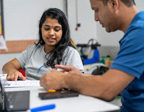 High-quality vocational photography of job coaching session for person with disability, professional training environment lighting, authentic skill development moment, adaptive work tools visible, coa