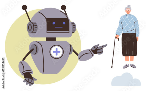 Robot with medical emblem gestures towards elderly woman holding cane. Ideal for healthcare, aging support, robotics, AI, caregiving, innovation, health tech-focused flat metaphor