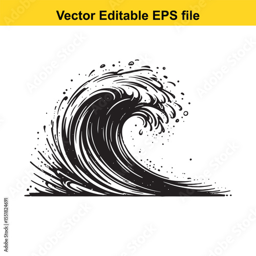 Monochrome Vector Illustration of a Dynamic Ocean Wave with Splashes and Foam Black and White Artistic Graphic