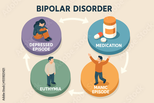 Bipolar disorder stages: depressed episode, medication, euthymia, manic episode