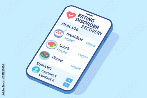 Eating disorder recovery app interface with meal log and support contacts