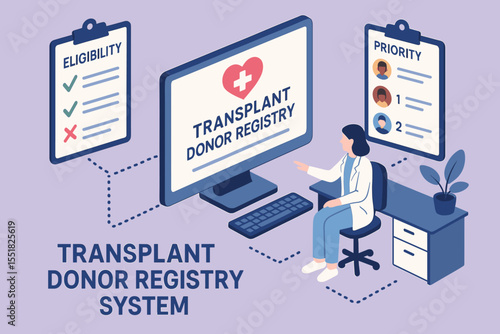 Female doctor using transplant donor registry system on computer in office setting