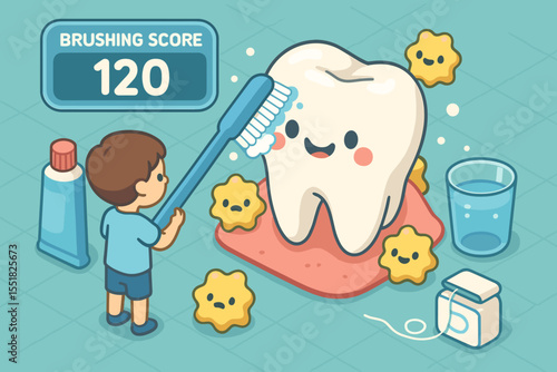 Child brushing cartoon tooth with smiling faces, scoring high on dental hygiene