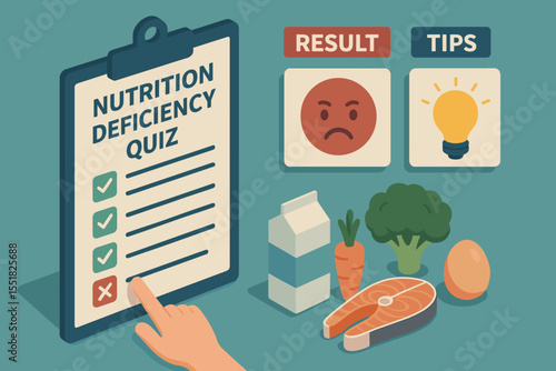 Interactive nutrition deficiency quiz with result and tips for healthy eating