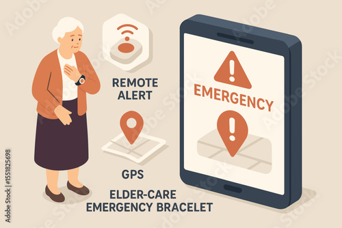 Elderly woman with emergency alert system diagram for remote assistance