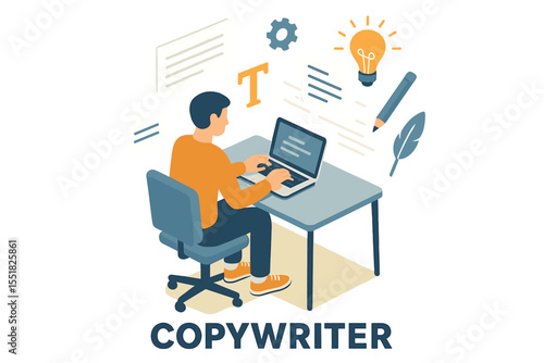 Male copywriter working on laptop with creative elements and bright ideas