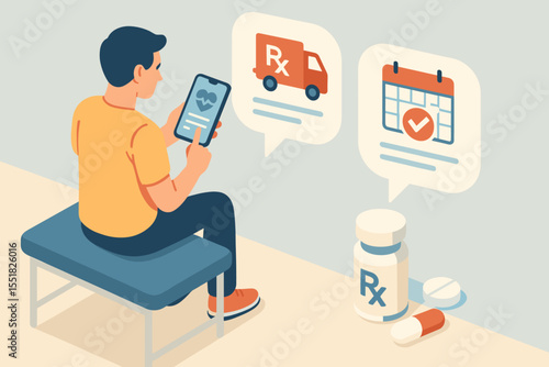 Young caucasian male using health app for prescription order and scheduling