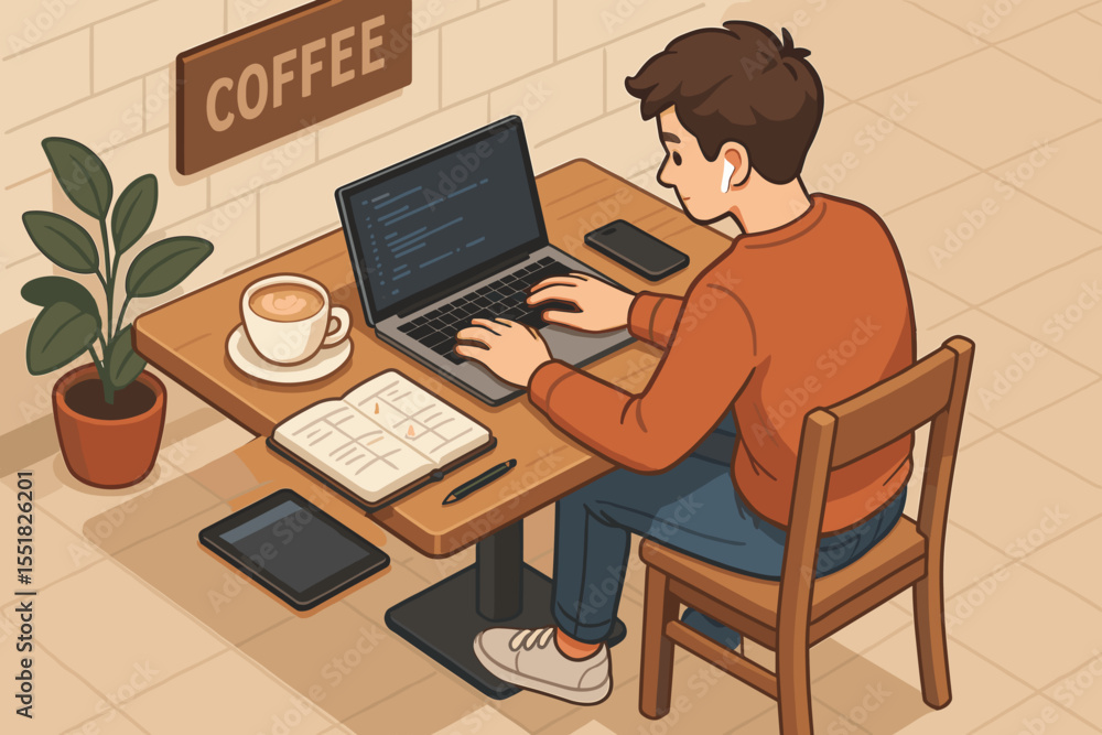 Young caucasian male programming in coffee shop with laptop and notebook Young caucasian male programming in coffee shop with laptop and notebook
