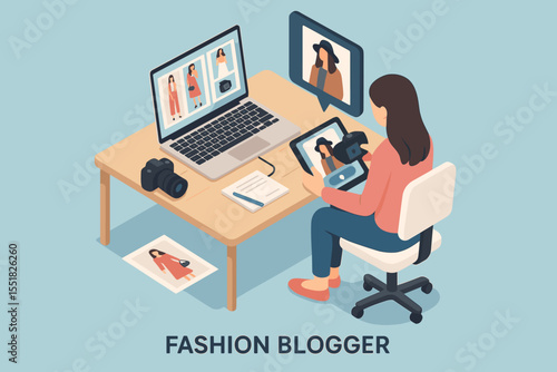 Female fashion blogger working on digital devices in home office