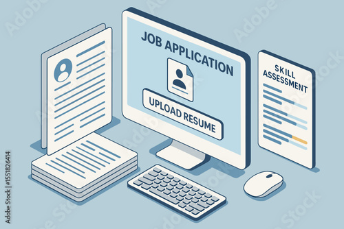 Online job application concept with resume upload and skill assessment on computer screen