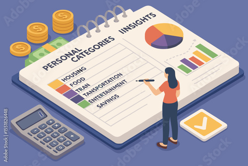 Female analyzing financial insights with calculator and charts on notebook