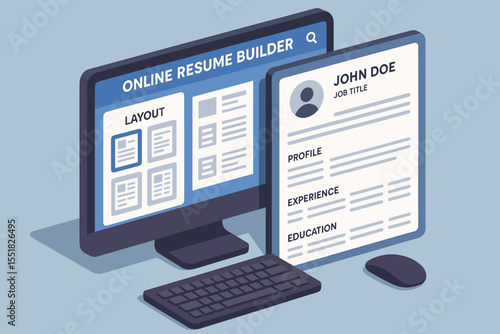 Online resume builder interface with sample layout and digital design elements