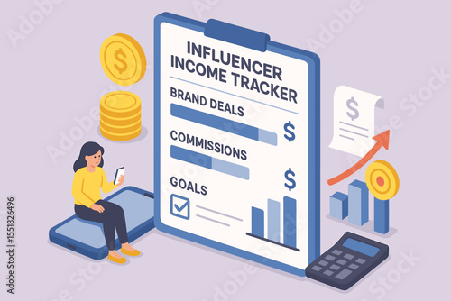 Young woman analyzing influencer income tracker with financial growth elements
