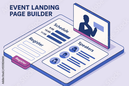 Event landing page builder showing registration speaker schedule planning