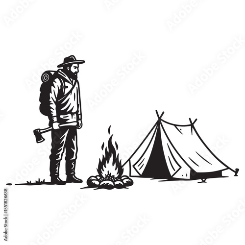 A silhouette of a hiker camping with a tent and a bonfire in nature's wilderness