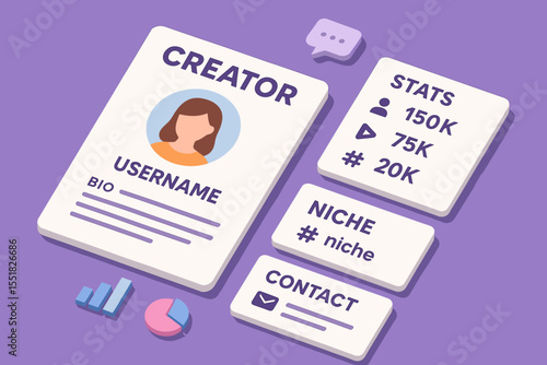 Digital creator profile layout with statistics and contact information