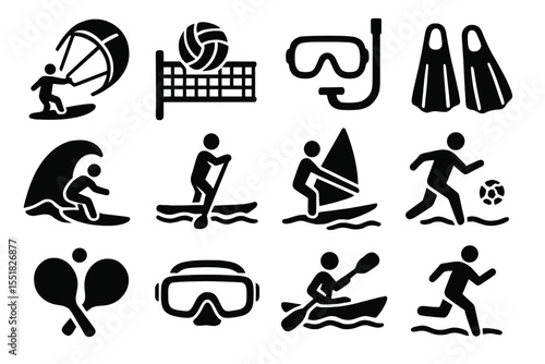 Silhouette icons of various water sports activities and outdoor sports symbols