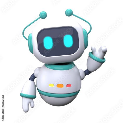 Adorable white 3d cartoon robot waving hello with friendly design and a transparent background
