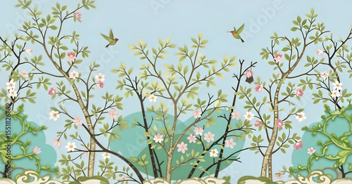 Exotic chinoiserie wallpaper with traditional Chinese landscape, botanical elements, and oriental motifs — elegant vector art for decor, print, or design
