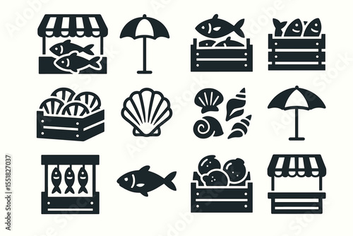 Silhouettes of fish, seafood, and beach market icons