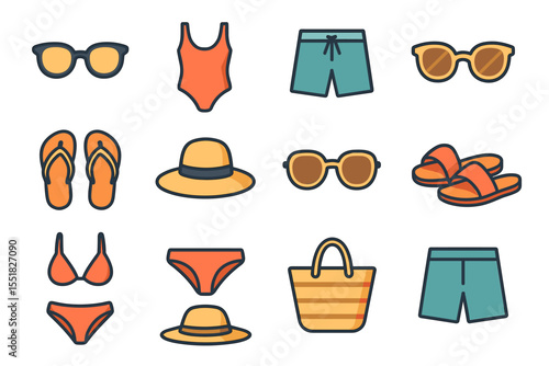 Summer essentials: various swimwear and accessories for beachwear fashion
