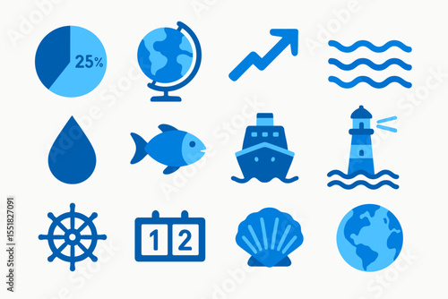 Blue nautical icons set featuring globe, ship, and lighthouse graphics
