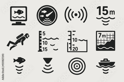 Set of sonar and underwater navigation icons for depth measurement and marine exploration
