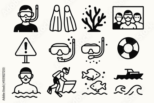 Snorkeling icons: gear, activities, marine life, and safety symbols