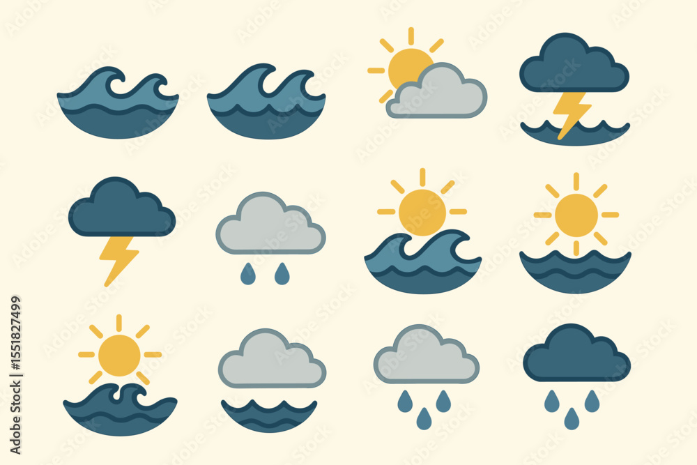 Obraz premium Weather icons set: clouds, sun, rain, waves, and thunder depictions