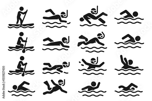 Water activity icons: swimming, kayaking, paddleboarding graphics collection