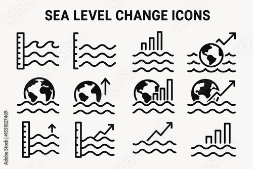 Sea level change icons: waves, earth, arrows, graphs, measurement symbols