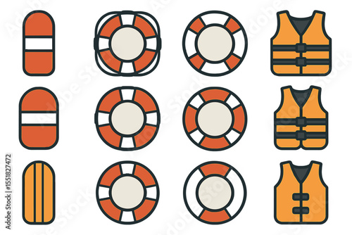 Diverse collection of lifesaving equipment icons including life buoys and vests