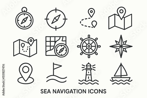 Sea navigation icons set featuring compass, map, lighthouse, sailboat, helm